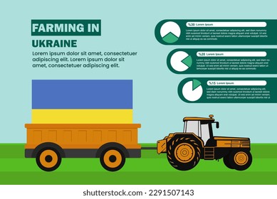 Industria agropecuaria en Ucrania, infografía con tractores y remolques, idea agrícola y agrícola, agromotor y plantación con bandera de Ucrania, campo agrícola con tractor