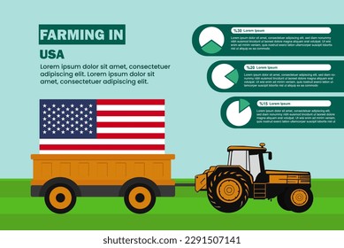 Farming industry in USA, pie chart infographics with tractor and trailer, farming and agriculture idea, agrimotor and plantation with USA flag, agricultural field with tractor