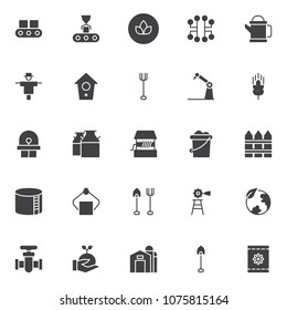 Farming and industry vector icons set, modern solid symbol collection, filled style pictogram pack. Signs, logo illustration. Set includes icons as conveyor belt, organic bio food, electronic circuit