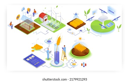 Farming industry, vector isometric illustration. Smart greenhouse, Iot. Genetically modified wheat. Agricultural drone.