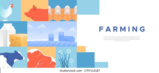 Farming industry web template illustration. Agriculture and farm animal product concept for rural business or food production. Includes dairy, cow, pig, hen, country landscape.