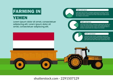Farming industry in Yemen, pie chart infographics with tractor and trailer, farming and agriculture idea, agrimotor and plantation with Yemen flag, agricultural field with tractor