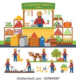 Farming Infographic Elements. Cultivation Of Organic Products On The Farm. Farmer Produce Shopkeeper. Fresh Fruits And Vegetables, Retail Business Owner Working In His Store. Vector Flat Design