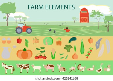 Farming infographic elements with field, farm, tractor, animals and harvest. Modern flat design. eps10 vector illustration