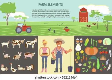 Farming infographic elements with field, farm, tractor, animals and harvest. Farmer man and woman. Modern flat design. eps10 vector illustration.
