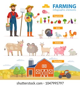 Farming Infographic Elements. Two Farmers - Man And Woman, Farm Animals, Equipment, Barn, Tractor, Landscape Large Set Of Vector Flat Illustrations Isolated On White Background. Eco Farming Concept.