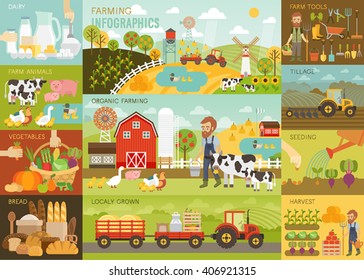 Farming Infographic set with animals, equipment and other objects. Vector illustration.