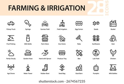 Colección de iconos de línea de Profesional de riego agrícola: paquete de Vector moderno, mínimo y único para herramientas agrícolas, tierras rurales y estilo de vida agrícola