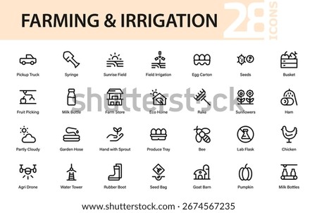 Farming Irrigation Professional Line Icon Collection – Modern, Minimal, and Unique Vector Pack for Farming Tools, Rural Land, and Agricultural Lifestyle