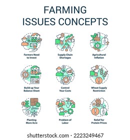 Farming issues concept icons set. Agriculture problem. Challenges farmers face idea thin line color illustrations. Isolated symbols. Editable stroke. Roboto-Medium, Myriad Pro-Bold fonts used