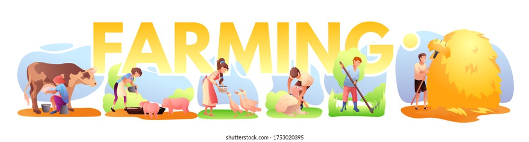 Farming job and cartoon people characters flat set. Man and woman farmers mowing grass and stacking hay, milking cow, feeding geese and pigs, shearing sheep. Lettering banner. Vector illustration