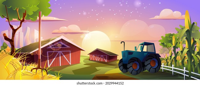 Farming landing page. Agricultural farm with barns, tractor, corn fields and hay. Growing organic products, agribusiness, farmland, harvesting web banner background. Cartoon vector illustration.