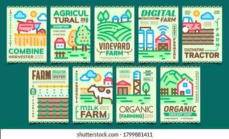 Farming Landscape Advertising Posters Set Vector. Cultivating Tractor And Combine Harvester, Organic Farming And Grocery Shop Collection Promo Banners. Concept Template Style Color Illustrations