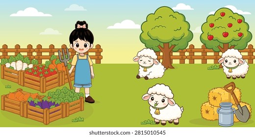 	
farming landscape background with animals illustration farmlife