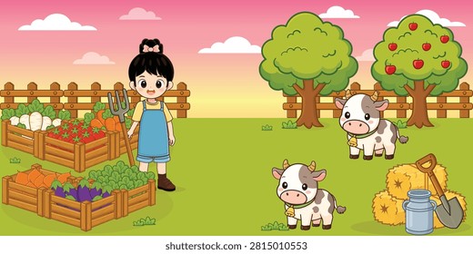 	
farming landscape background with animals illustration farmlife