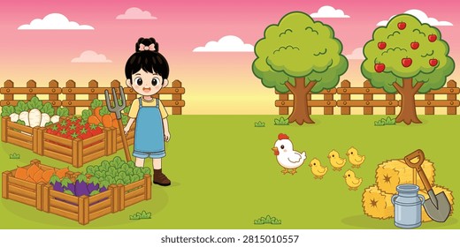 	
farming landscape background with animals illustration farmlife