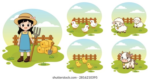 farming landscape background with animals illustration farmlife	
