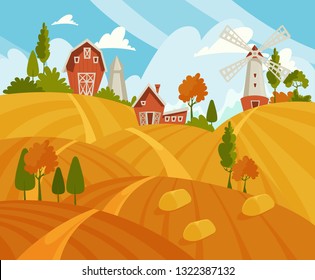 Concepto de paisaje agrícola. Ilustración vectorial con granero, casas y patio de campo. Granja americana en verano. Cartel de comida fresca orgánica. 