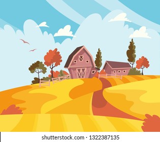 Farming landscape concept. Vector illustration with barn, houses and country yard. American farm in the summer. Poster of organic fresh food. 