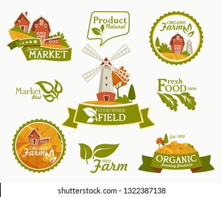 Farming landscape concept. Vector illustration with barn, houses and country yard. American farm in the summer. Poster of organic fresh food. 