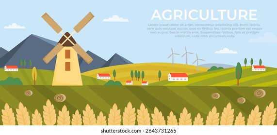 Farming landscape with fields, mountains, mill, houses ears of wheat. Horizontzl banner. Panoramic scenery of countryside. Farm, agriculture concept. Horizontal banner. Vector illustration.