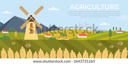 Farming landscape with fields, mountains, mill, houses ears of wheat. Horizontzl banner. Panoramic scenery of countryside. Farm, agriculture concept. Horizontal banner. Vector illustration.