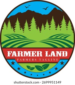 Logotipo de paisaje agrícola con árboles, montañas y campos cosechados.