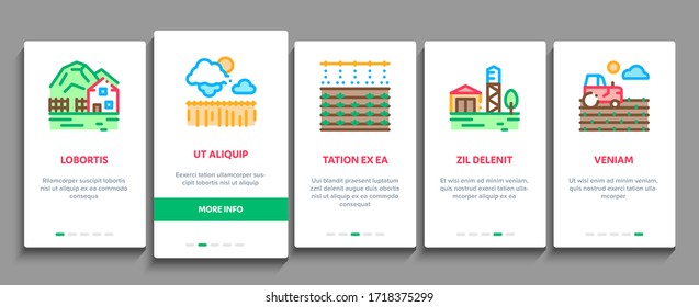 Vector de pantalla de página de aplicaciones móviles en el entorno agrícola. Construcción De Campos De Cultivo Y Granjas, Molino Y Carrocería, Ilustraciones De Color Animal De Tractores Y Granjas De Vacas