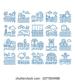 Farming Landscape sketch icon vector. Hand drawn blue doodle line art Farming Field And Barn Construction, Mill And Scarecrow, Tractor And Cow Farm Animal Illustrations