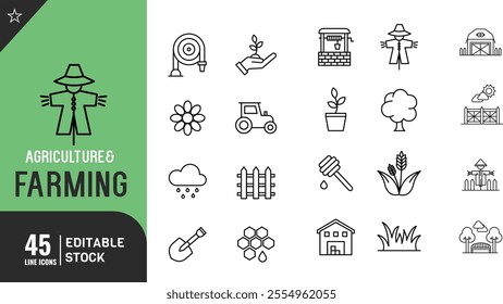 Farming line editable icon set. Cattle, Cow, Pig, Lamb, Chicken, Windmill, Wheat thin modern style vector illustration.