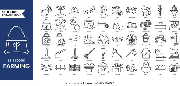 Farming line editable icon set. Contain icons related to Farm, Farmer, Agricultural, Harvesting, fruit and vegetables, livestock and more. Vector illustration