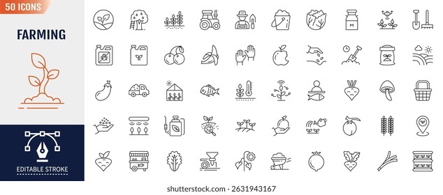 Farming line icon set. Containing farm, gardening, agriculture, smart farm, farm animals, seeding. Editable stroke. Vector illustration