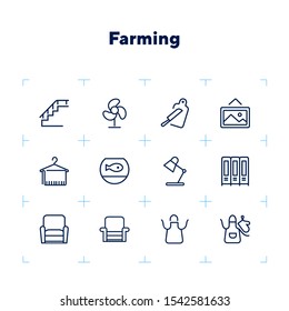 Farming line icon set. Set of line icons on white background. Nature concept. Pig, horse, food, product. Nature concept. Vector illustration can be used for topics like environment, farm, production