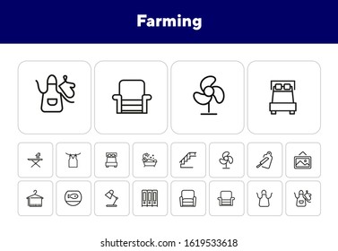 Farming line icon set. Set of line icons on white background. Nature concept. Pig, horse, food, product. Nature concept. Vector illustration can be used for topics like environment, farm, production