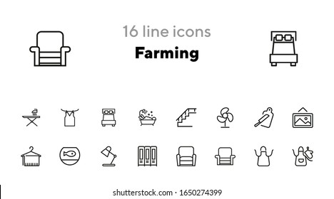 Farming line icon set. Set of line icons on white background. Nature concept. Pig, horse, food, product. Nature concept. Vector illustration can be used for topics like environment, farm, production