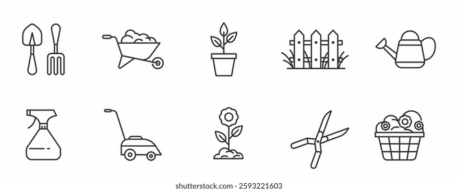 Farming line Icon Set. Nature, soil, field, land, eco, rural life, greenhouse, planting . Vector Illustration