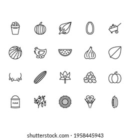 Farming Line Icon In A Simple Style. The icons are Vegetables, Lentils, Peas, Buckwheat, Pumpkin, Sunflower, Harvester, Farmer, Horse, Goose, Chicken, Egg. A set of vector icons in a simple style