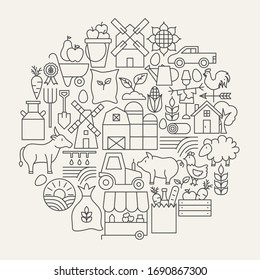 Farming Line Icons Circle. Vector Illustration of Outline Design.
