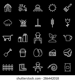 Farming line icons on black background, stock vector