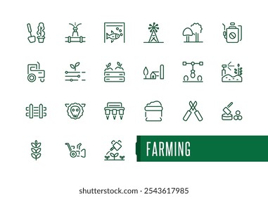 Farming line icons. Related to gardening, agriculture, planting, seeding. Minimalist outline symbols collection. Editable stroke. Vector illustration.