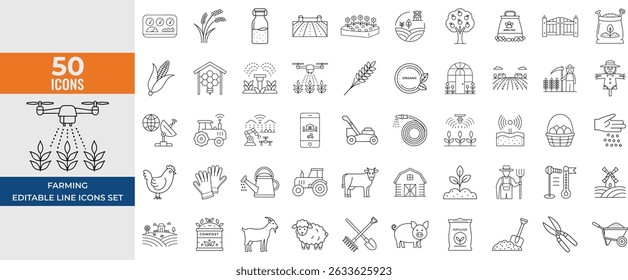 Farming Line Icons Set – Agriculture, Smart Farm, Gardening, Farm Animals, Seeding, Tractor, Farmer – Editable Stroke Vector Illustration