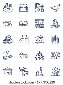 Farming line icons set. Farmer house, tractor, wheat ears, crop, barn, grain, agricultural industry, field equipment. Vector illustrations for agriculture, harvest, village, rural life concepts