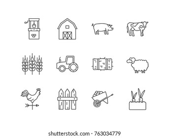 Farming line icons set including well, barn, pig, cow, wheat, tractor, hay, sheep, rooster wind vane, fence, wheelbarrow, carrot plant.