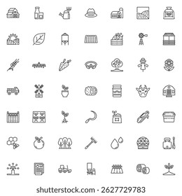 Farming line icons set. linear style symbols collection, outline signs pack. Farm and garden vector graphics. Set includes icons as farmhouse, barn, harvest, beekeeping, windmill, seedling, greenhouse