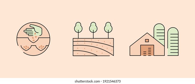 Farming and Farming Line Icons Set. Such Icons include topics such as agricultural land, landfill and ground fertilization. Colored agriculture icon set. Editable Stroke.