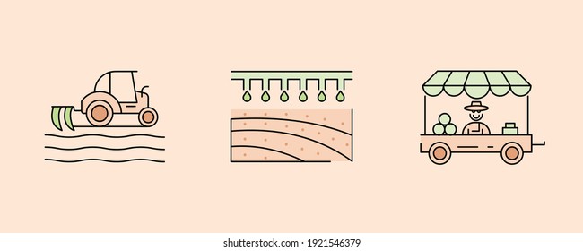 Farming and Farming Line Icons Set. Such Icons include topics such as Harvester, marketplace, tractors, farmers and smart irrigation system. Colored agriculture icon set. Editable Stroke.