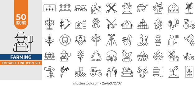 Farming Line Icons Set – Vector Set for Agriculture, Farmers, Animals, Seeding and Garden Tools. Editable Stroke. Vector illustration