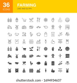 Farming Line Web Glyph Icons. Vector Illustration of Countryside Outline and Solid Symbols. 