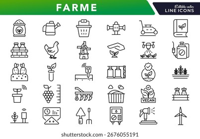 Farming linear icon set. Agriculture, crops, farmer, eco, nature, tractor, harvest, barn, livestock, rural, farming tools, planting, irrigation, vector outline icon set. UI thin line icon pack