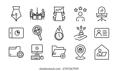 Conjunto de iconos lineales de agricultura. Agricultura, cultivos, agricultor, eco, naturaleza, tractor, cosecha, granero, ganado, rural, herramientas agrícolas, siembra, riego, conjunto de iconos de contorno de Vector. Paquete de iconos de línea delgada de interfaz de usuario